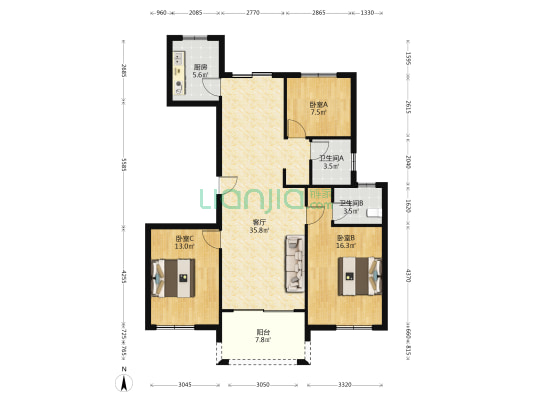 五新花园四区 3室1厅2卫 122平方