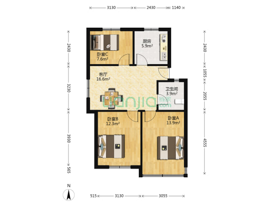 南浩街619号 3室1厅1卫 77平方
