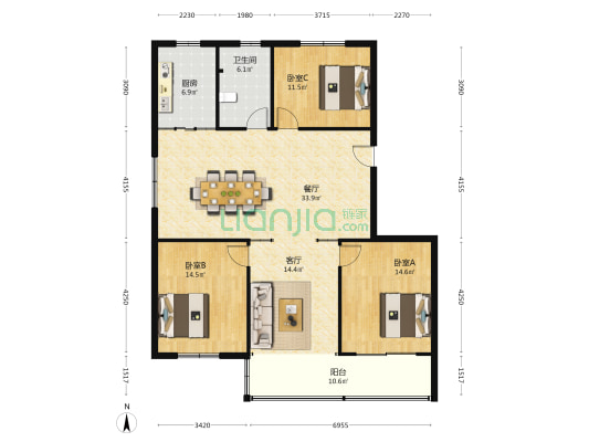 民建路22号 3室2厅1卫 140平方