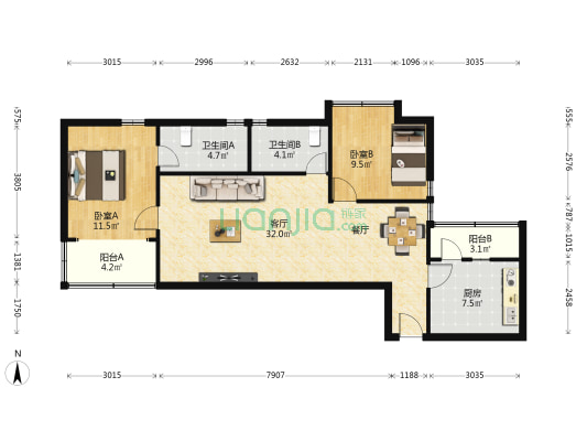 圣骊家园 2室1厅2卫 114平方