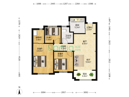龙湖天宸原著 3室2厅1卫 89平方
