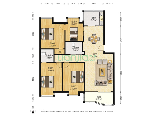 南锦园 4室1厅2卫 128平方