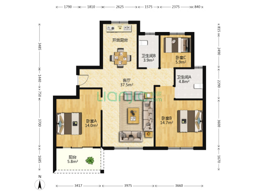 澜庭花苑 3室1厅2卫 120平方
