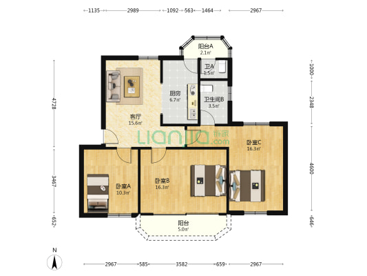 新基邮局小区 3室1厅2卫 84平方