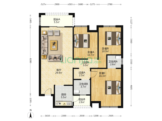 同信世博院东棠 3室1厅2卫 123平方