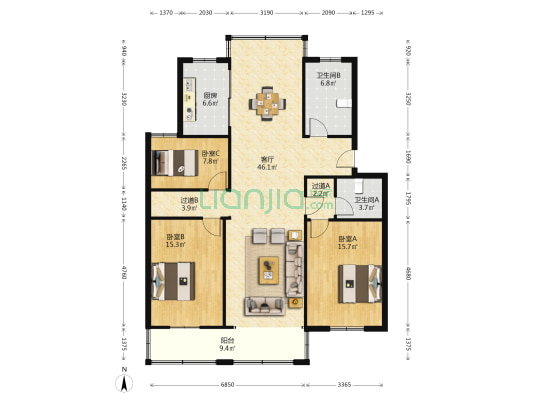 花园浜北村 3室1厅2卫 138平方