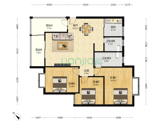 欣茂西郡兰庭B区 3室1厅2卫 124平方