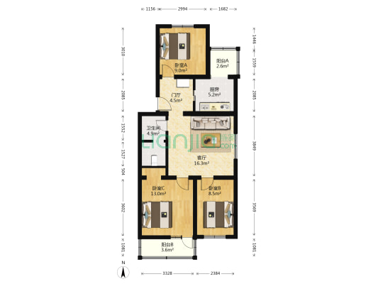 房山四中家属院 3室1厅1卫 92平方