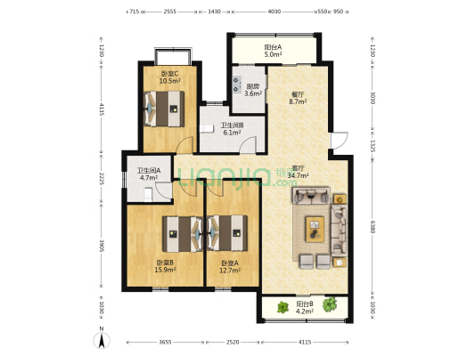 阳光花城 3室2厅2卫 131平方