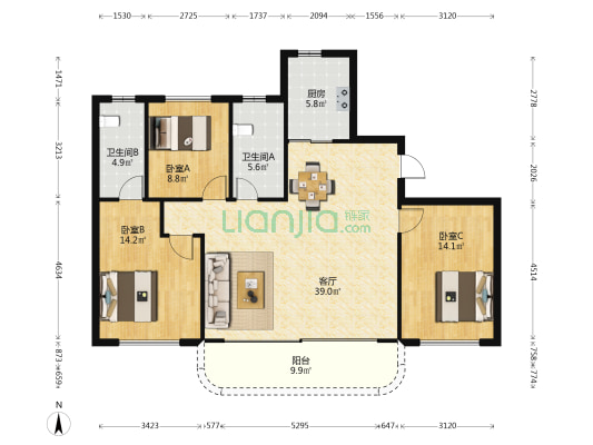 光谷洺悦天玺 3室1厅2卫 143平方