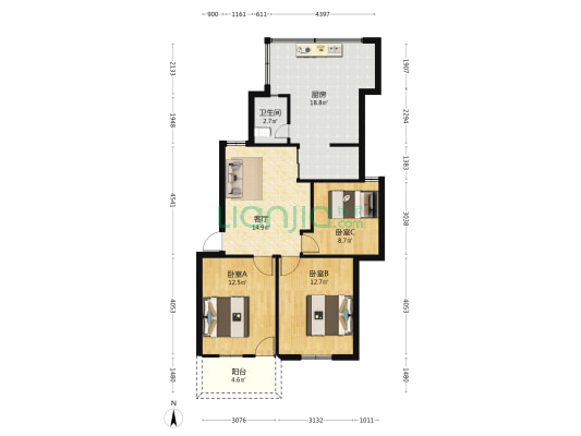 统战部宿舍 3室1厅1卫 90平方