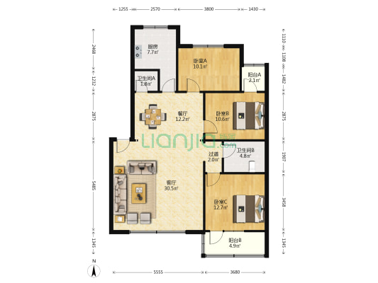 工兴小区 3室2厅2卫 123平方