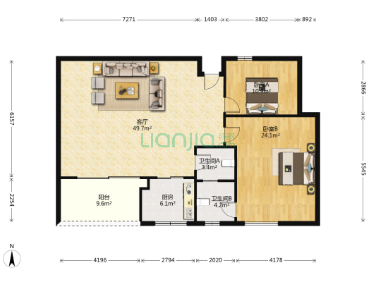 腾龙名苑 2室1厅2卫 138平方
