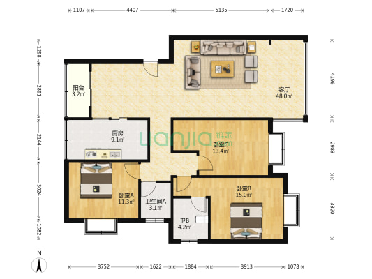 环溪园 3室1厅2卫 131平方