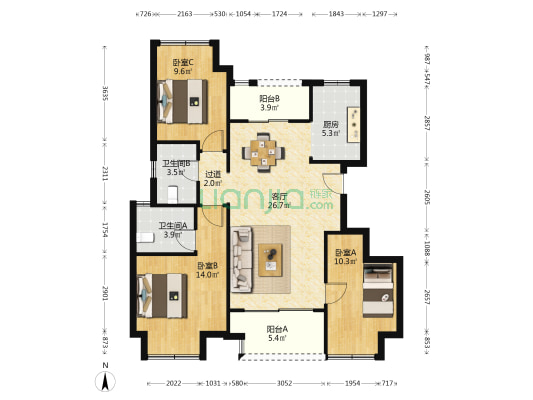 洺悦芳华 3室1厅2卫 98平方