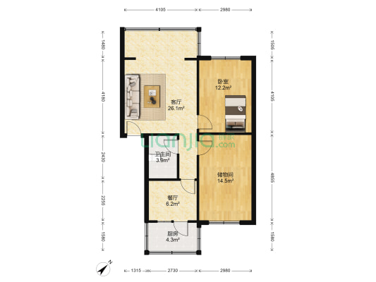 观音桥街30号 1室2厅1卫 76平方