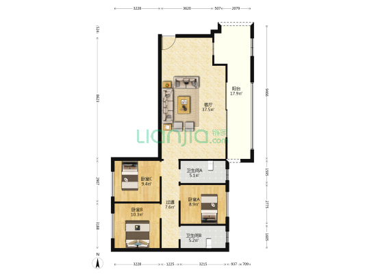 远洋观山天铂 3室1厅2卫 122平方