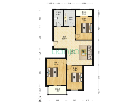 大隐名座 3室2厅1卫 116平方