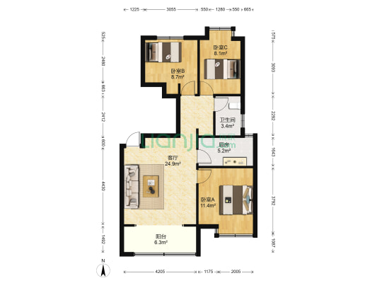 金域华府(高新技术产业开发区) 3室1厅1卫 105平方