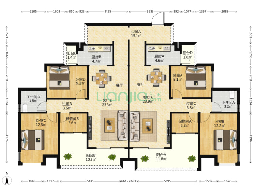 蟠龙小区 4室2厅2卫 200平方