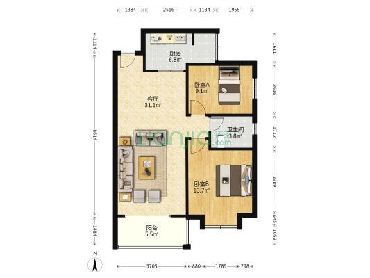江腾苑D区 2室1厅1卫 87平方