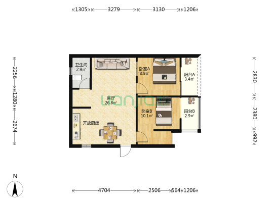 蓝湾财富 2室1厅1卫 66平方