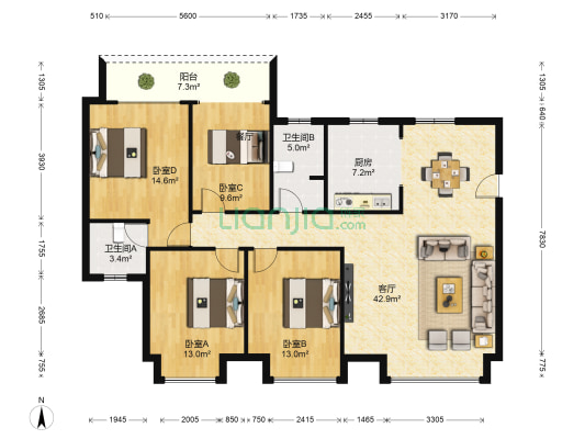 玉鑫巴陵星城 4室1厅2卫 135平方