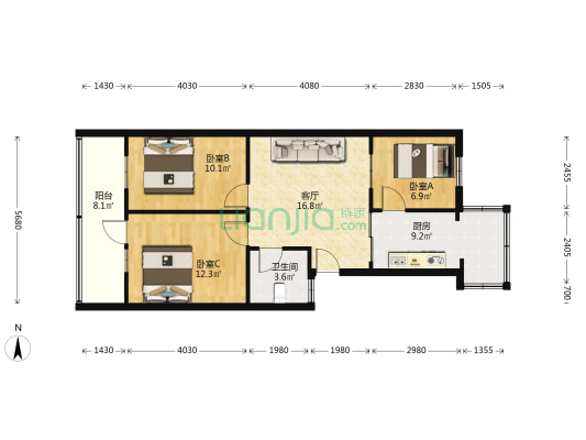 客运宿舍 3室1厅1卫 77平方