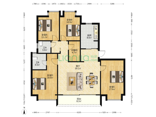 绿地天空树北区 4室1厅2卫 168平方