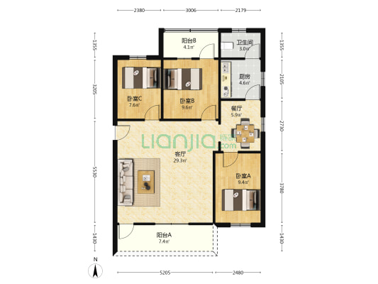 松园大厦(花都区) 3室2厅1卫 96平方