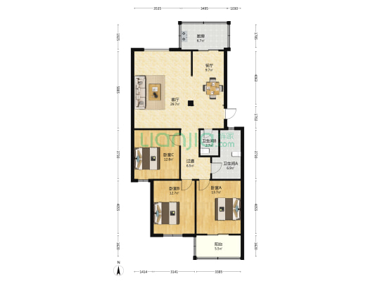 东风苑 3室2厅2卫 130平方