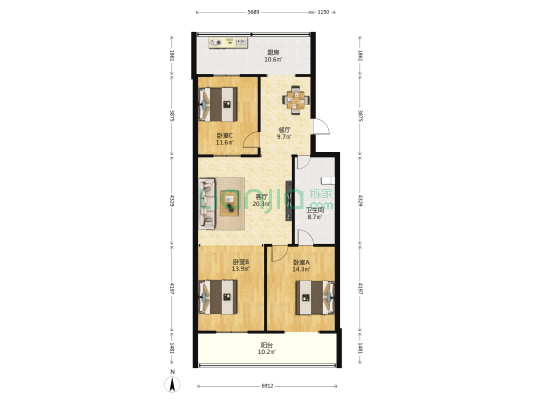 民生小区 3室2厅1卫 117平方