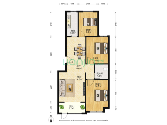 富瀛苏园(北区) 3室2厅1卫 116平方