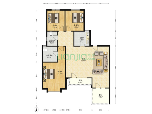 毛坯三居 房本满二 带露台可封-户型图