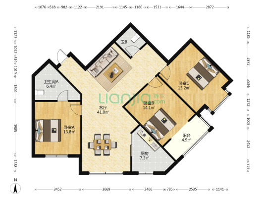 云河西园 3室1厅2卫 132平方