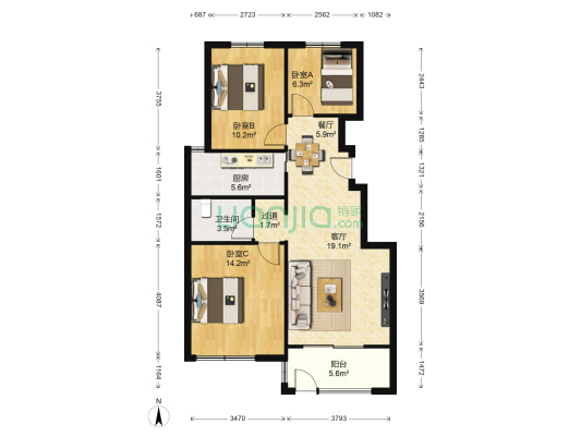 中央公园 3室2厅1卫 93平方