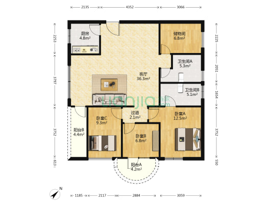 文福大厦 3室1厅2卫 119平方