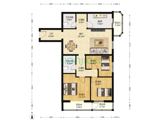 华阳公寓 3室1厅2卫 125平方