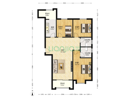 瑞格春天 3室1厅2卫 143平方