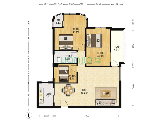 莲园新村 3室1厅2卫 99平方