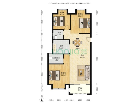 新城桃李郡 3室1厅2卫 115平方