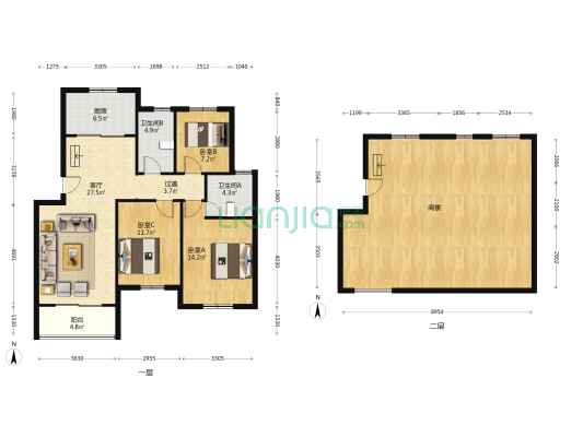 锦尚花园 3室1厅2卫 174平方