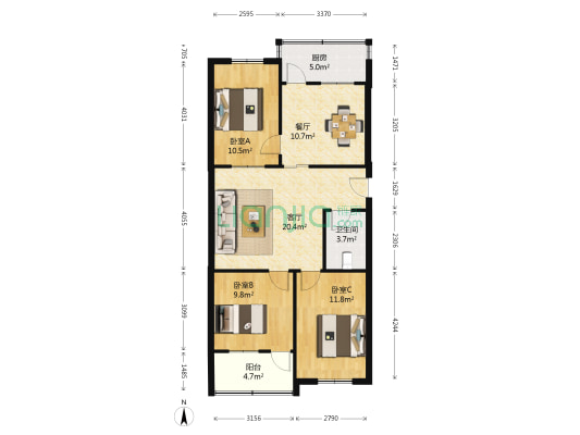 天舒居 3室2厅1卫 91平方