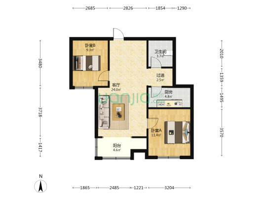 现代华府 2室1厅1卫 85平方