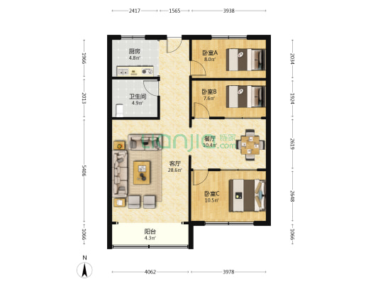 嘉城丽都 3室2厅1卫 102平方