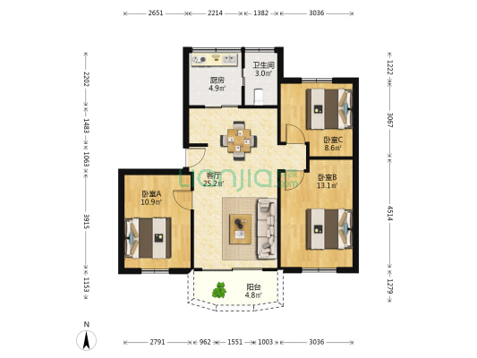 新园住宅小区 3室1厅1卫 82平方