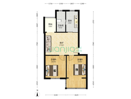 闽江局宿舍 2室1厅1卫 67平方