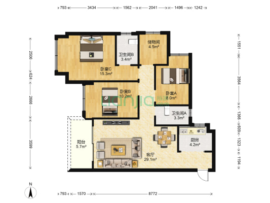 华发峰尚 3室1厅2卫 98平方