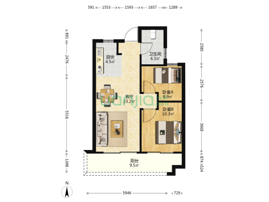 融创海映兰屿一期 2室1厅1卫 75平方