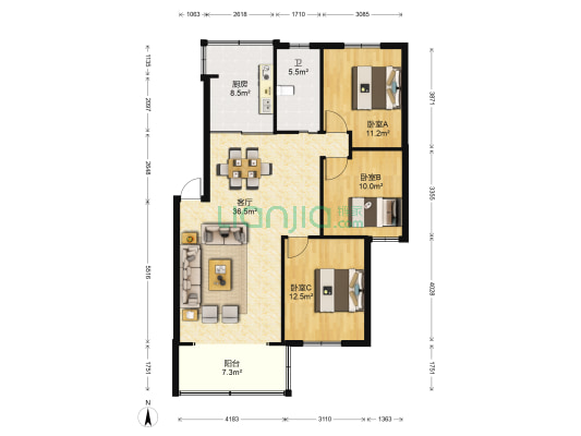 明辰紫月西区 3室1厅1卫 107平方